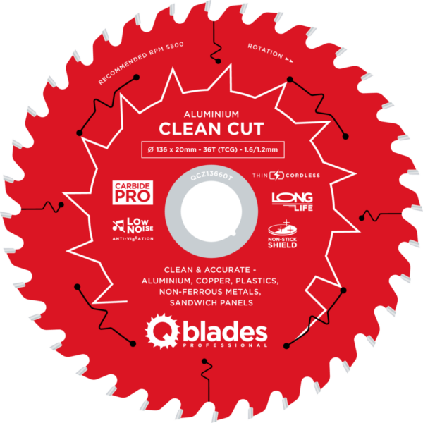 QBLADES-HM CirkelZaagblad 36T 136x20x1,6 TCG Aluminium-Clean Cut