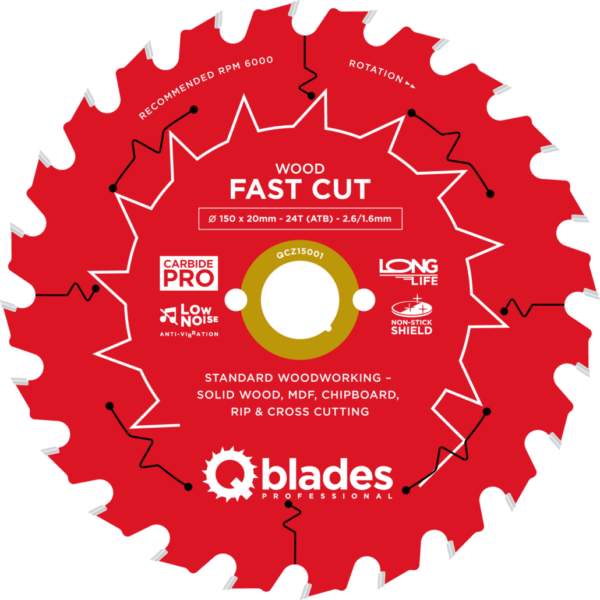 QBLADES-HM CirkelZaagblad 24T 150x20x2,6 ATB Wood-Fast Cut