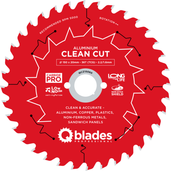 QBLADES-HM CirkelZaagblad 36T 150x20x2,2 TCG Aluminium-Clean Cut