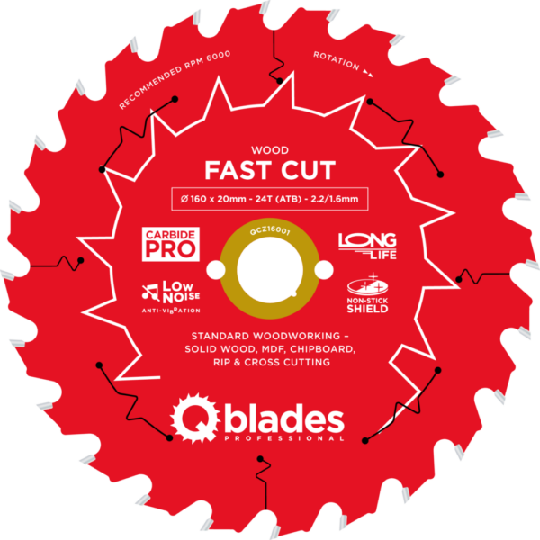 QBLADES-HM CirkelZaagblad 24T 160x20x2,2 ATB Wood-Fast Cut