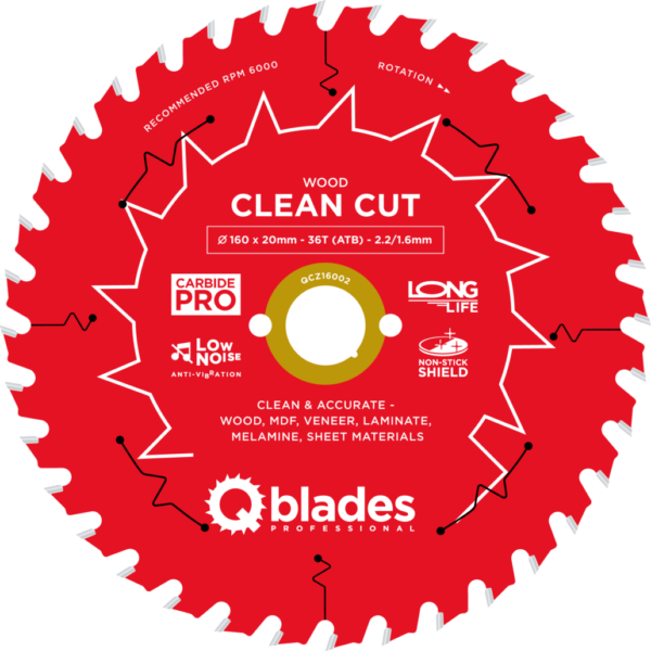 QBLADES-HM CirkelZaagblad 36T 160x20x2,2 ATB Wood-Clean Cut
