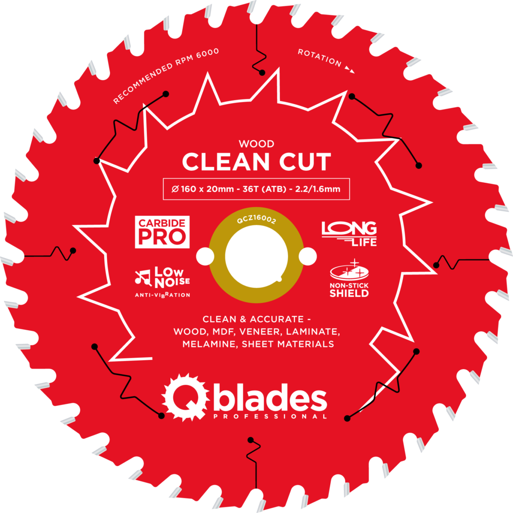 QBLADES-HM CirkelZaagblad 36T 160x20x2,2 ATB Wood-Clean Cut