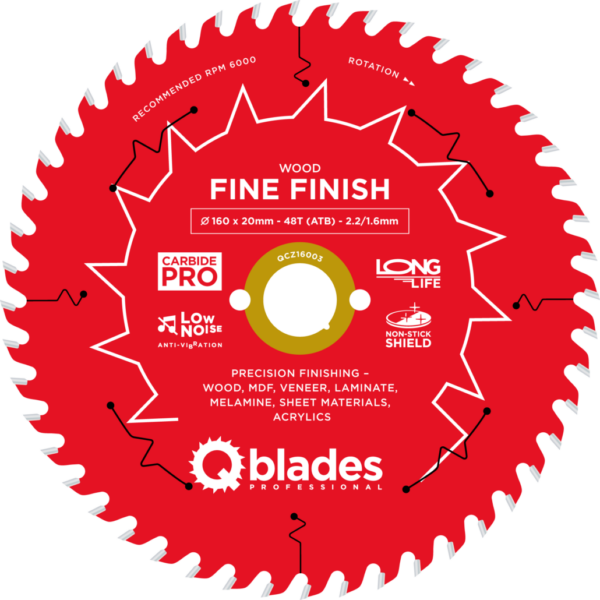 QBLADES-HM CirkelZaagblad 48T 160x20x2,2 ATB Wood-Fine Finish