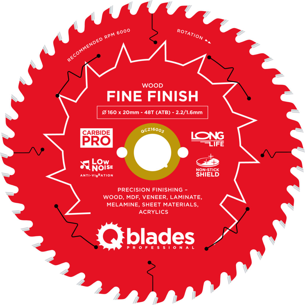 QBLADES-HM CirkelZaagblad 48T 160x20x2,2 ATB Wood-Fine Finish