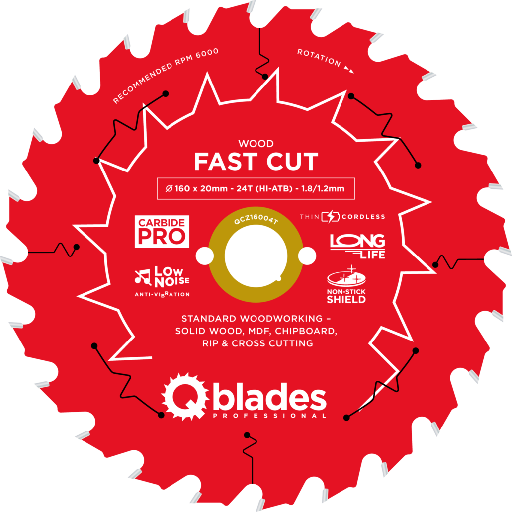 QBLADES-HM CirkelZaagblad 24T 160x20x1,8 HI-ATB Wood-Fast Cut