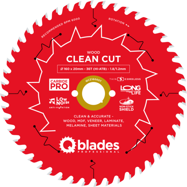 QBLADES-HM CirkelZaagblad 36T 160x20x1,8 HI-ATB Wood-Clean Cut
