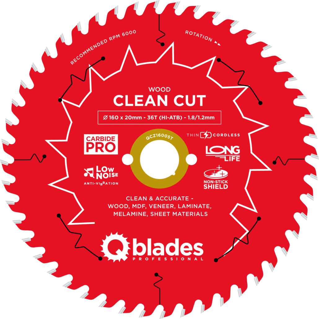 QBLADES-HM CirkelZaagblad 36T 160x20x1,8 HI-ATB Wood-Clean Cut