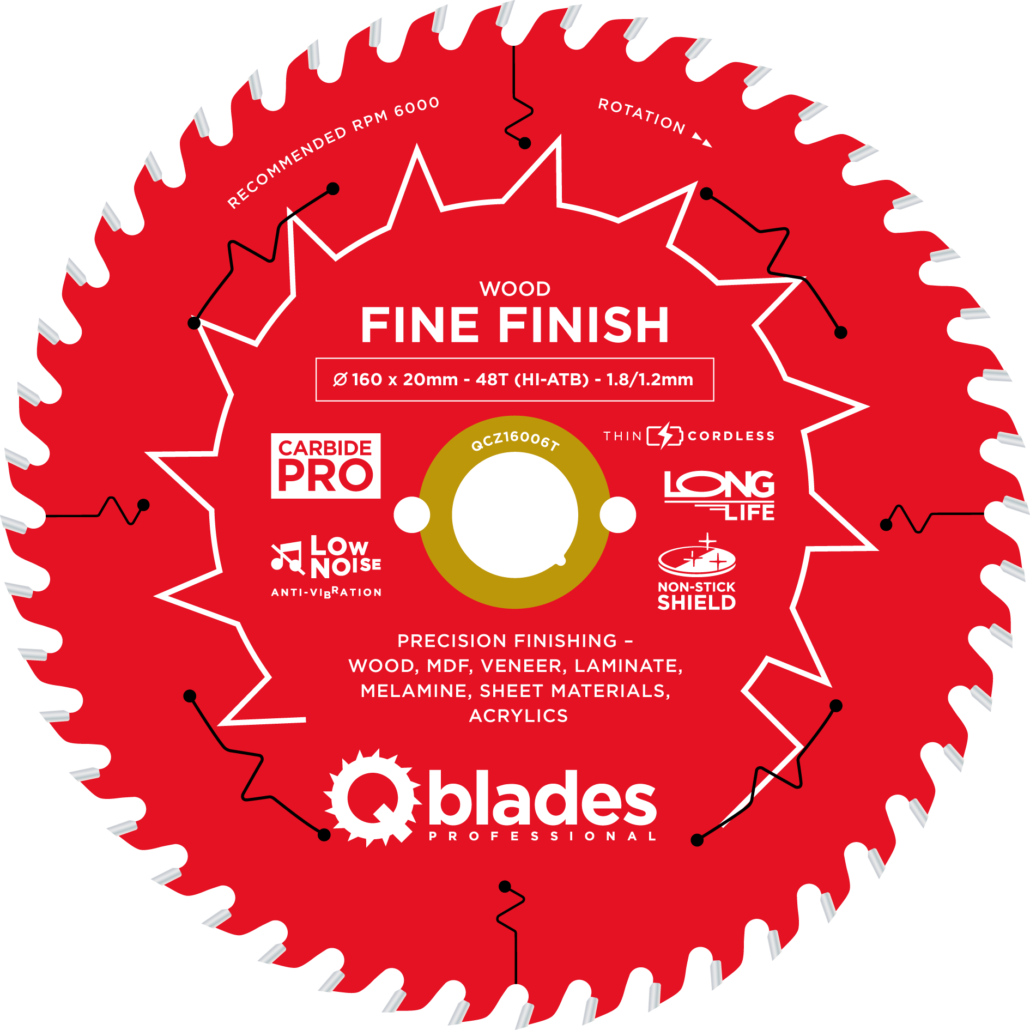 QBLADES-HM CirkelZaagblad 48T 160x20x1,8 HI-ATB Wood-Fine Finish