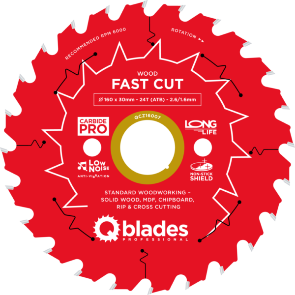 QBLADES-HM CirkelZaagblad 24T 160x30x2,6 ATB Wood-Fast Cut
