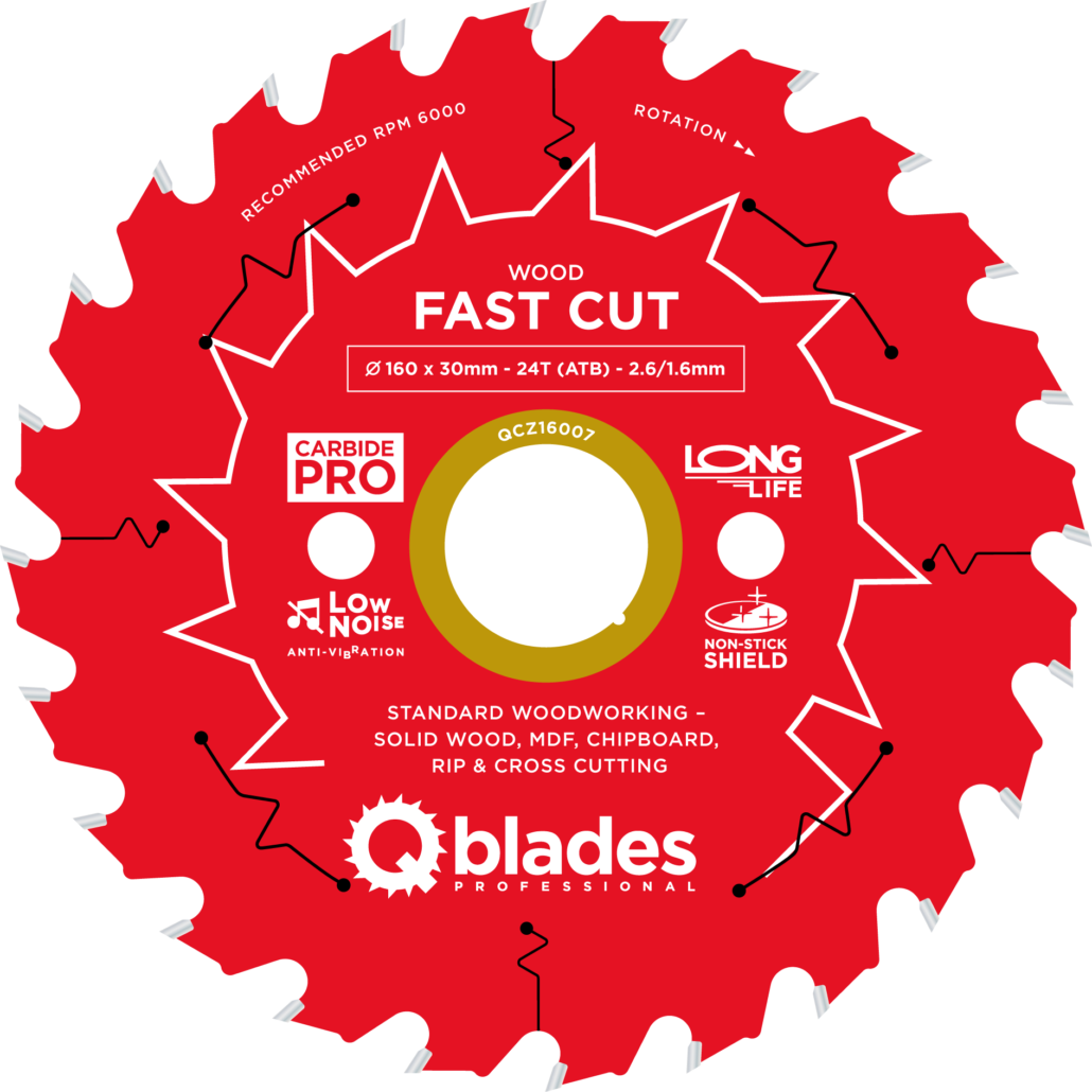 QBLADES-HM CirkelZaagblad 24T 160x30x2,6 ATB Wood-Fast Cut