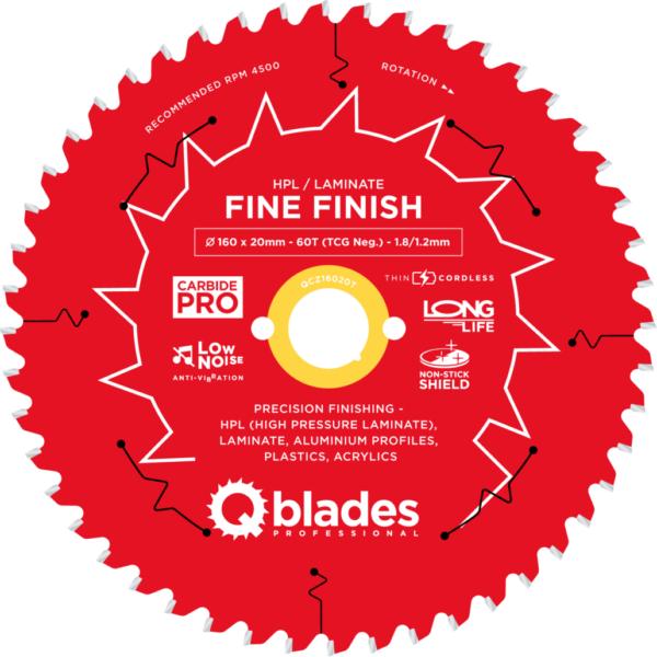 QBLADES-HM CirkelZaagblad 60T 160x20x1,8 TCG neg HPL/Laminate-Fine Finish