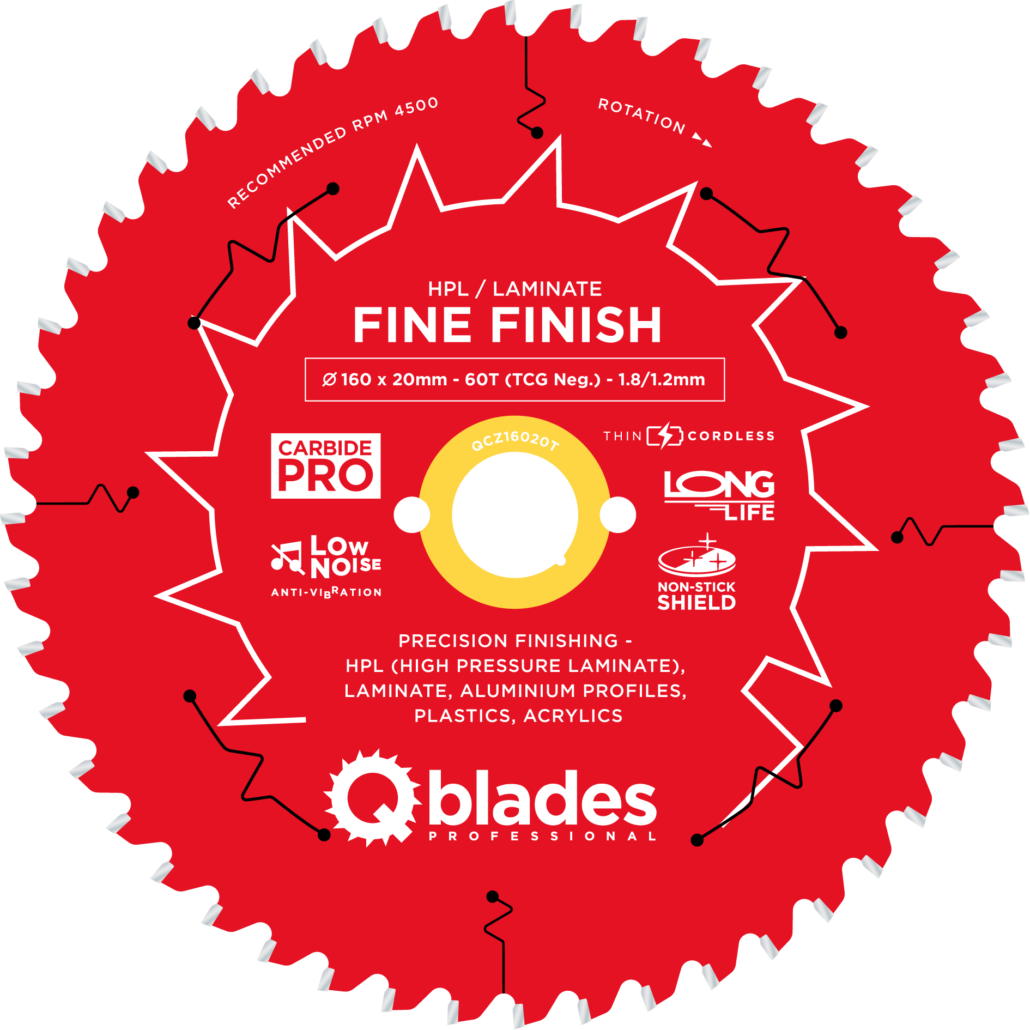 QBLADES-HM CirkelZaagblad 60T 160x20x1,8 TCG neg HPL/Laminate-Fine Finish