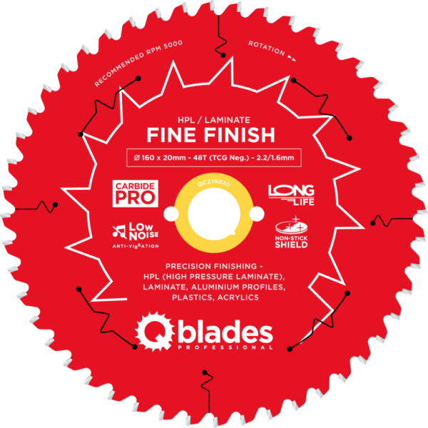 QBLADES-HM CirkelZaagblad 48T 160x20x2,2 TCG neg HPL/Laminate-Fine Finish