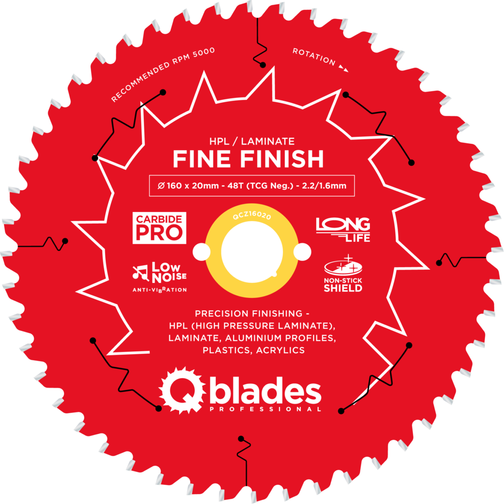 QBLADES-HM CirkelZaagblad 48T 160x20x2,2 TCG neg HPL/Laminate-Fine Finish