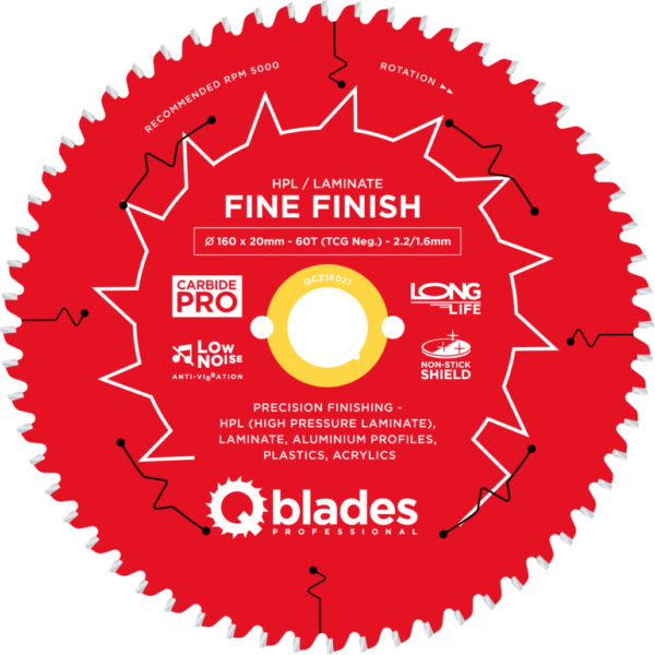 QBLADES-HM CirkelZaagblad 60T 160x20x2,2 TCG neg HPL/Laminate-Fine Finish