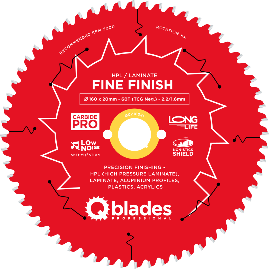 QBLADES-HM CirkelZaagblad 60T 160x20x2,2 TCG neg HPL/Laminate-Fine Finish
