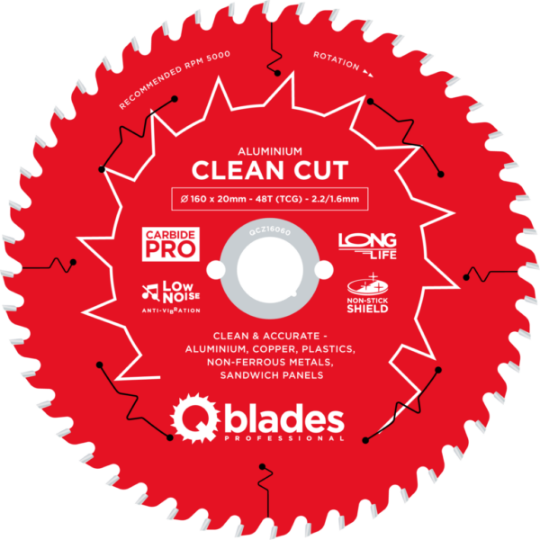 QBLADES-HM CirkelZaagblad 48T 160x20x2,2 TCG Aluminium-Clean Cut