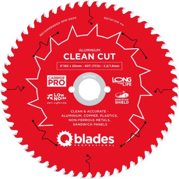 QBLADES-HM CirkelZaagblad 60T 160x20x2,2 TCG Aluminium-Clean Cut