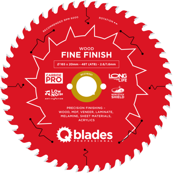 QBLADES-HM CirkelZaagblad 48T 165x20x2,6 ATB Wood-Fine Finish