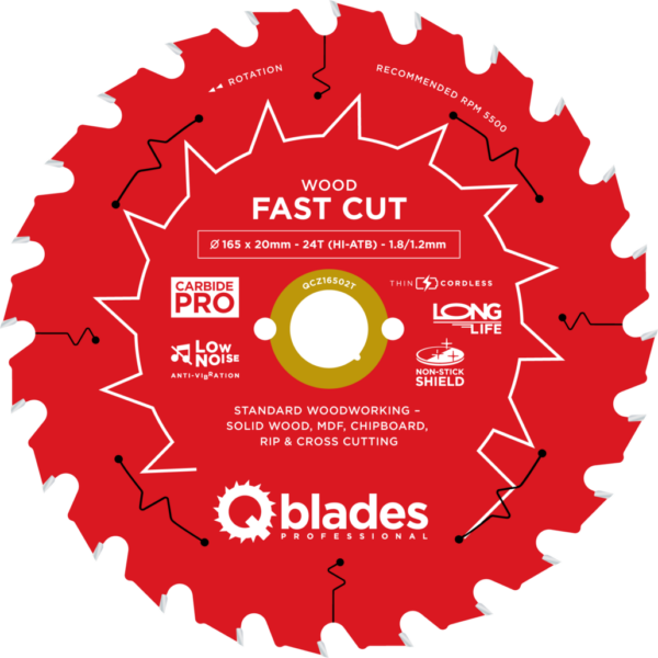 QBLADES-HM CirkelZaagblad 24T 165x20x1,8 HI-ATB Wood-Fast Cut