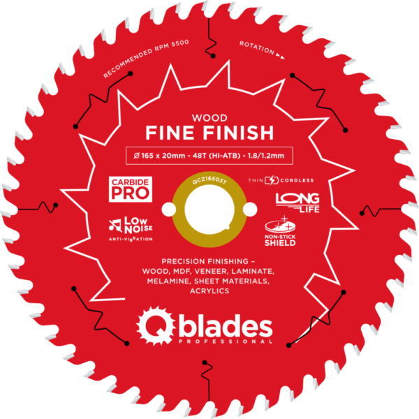 QBLADES-HM CirkelZaagblad 48T 165x20x1,8 HI-ATB Wood-Fine Finish