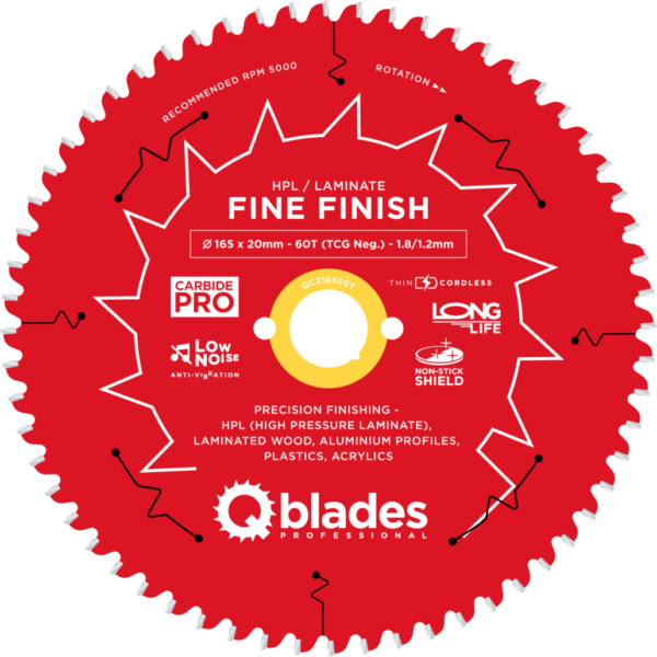QBLADES-HM CirkelZaagblad 60T165x20x1,8 TCG neg HPL/Lamintae-Fine Finish