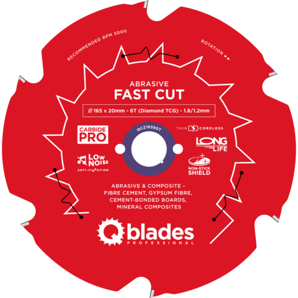 QBLADES-HM CirkelZaagblad 6T 165x20x1,8 Diamant TCG Abrasive-Fast Cut