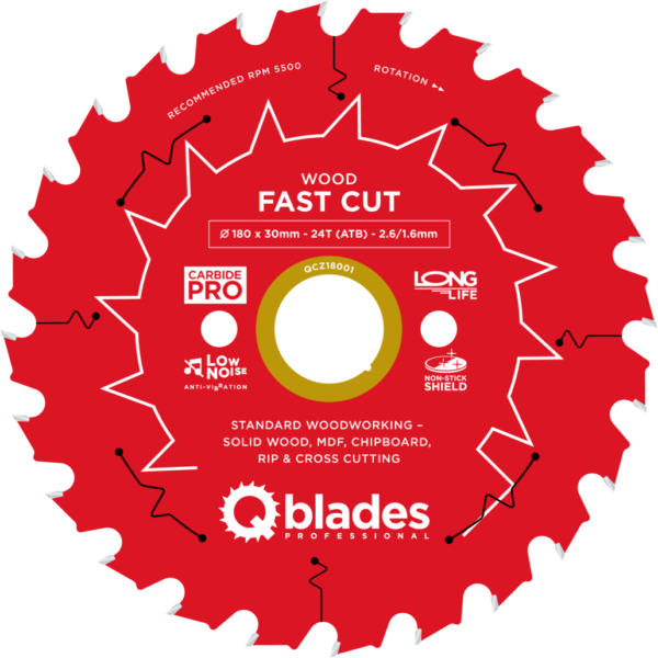QBLADES-HM CirkelZaagblad 24T 180x30x2,6 ATB Wood-Fast Cut