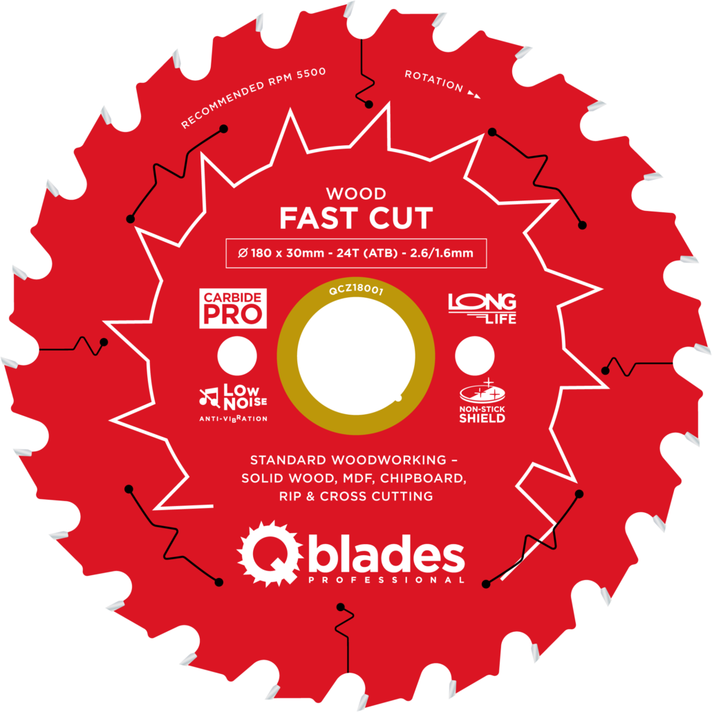 QBLADES-HM CirkelZaagblad 24T 180x30x2,6 ATB Wood-Fast Cut
