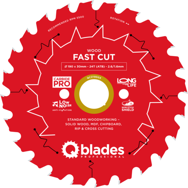 QBLADES-HM CirkelZaagblad 24T 190x30x2,6 ATB Wood-Fast Cut