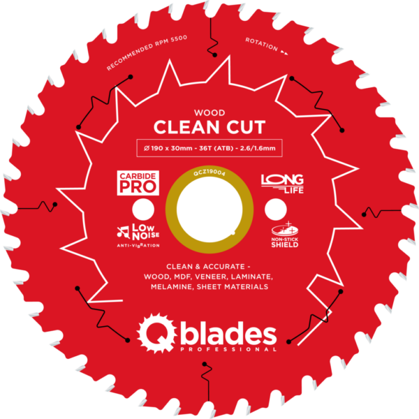 QBLADES-HM CirkelZaagblad 36T 190x30x2,6 ATB Wood Clean Cut