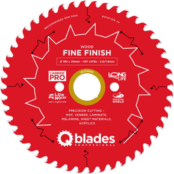 QBLADES-HM CirkelZaagblad 48T 190x30x2,6 ATB Wood-Fine Finish