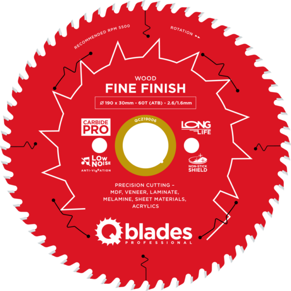 QBLADES-HM CirkelZaagblad 60T 190x30x2,6 ATB Wood-Fine Finish