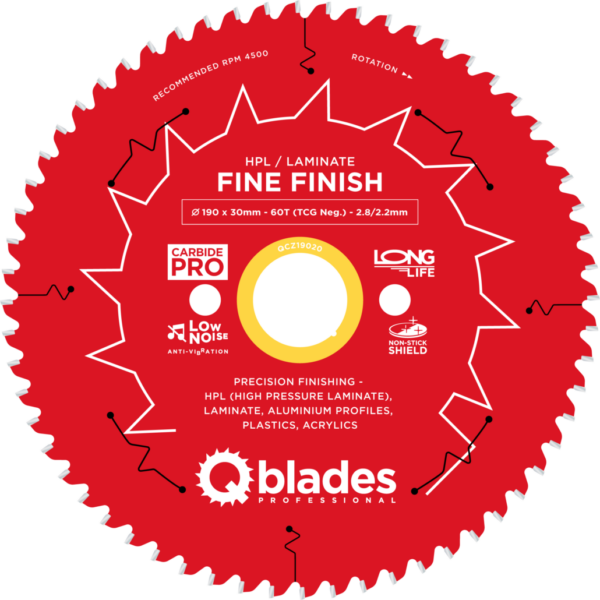 QBLADES-HM CirkelZaagblad 60T 190x30x2,8 TCG neg HPL/Laminate-Fine Finish
