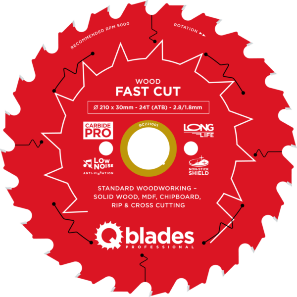 QBLADES-HM CirkelZaagblad 24T 210x30x2,8 ATB Wood-Fast Cut