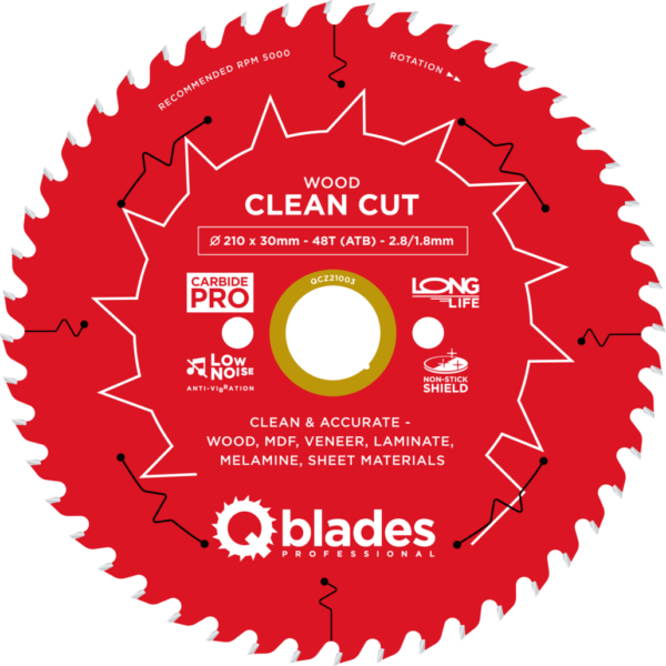 QBLADES-HM CirkelZaagblad 48T 210x30x2,8 ATB Wood-Clean Cut