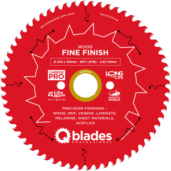 QBLADES-HM CirkelZaagblad 60T 210x30x2,8 ATB Wood-Fine Finish