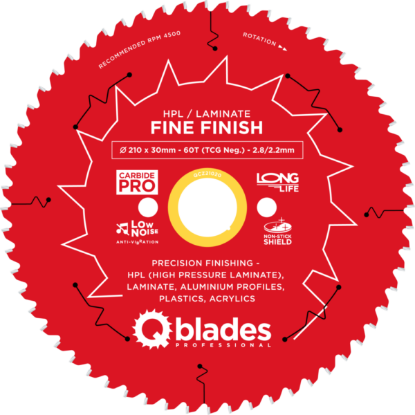 QBLADES-HM CirkelZaagblad 60T 210x30x2,8 TCG neg HPL/Laminate-Fine Finish