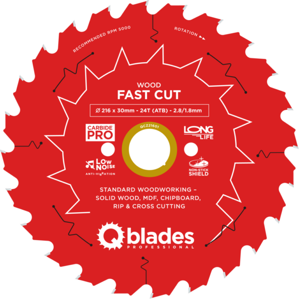 QBLADES-HM CirkelZaagblad 24T 216x30x2,8 ATB Wood-Fast Cut
