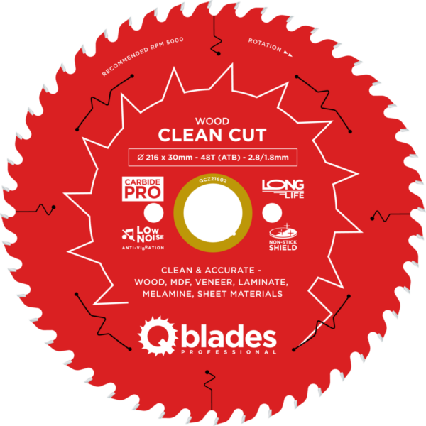 QBLADES-HM CirkelZaagblad 48T 216x30x2,8 ATB Wood-Clean Cut