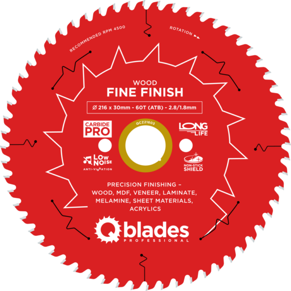 QBLADES-HM CirkelZaagblad 60T 216x30x2,8 ATB Wood-Fine Finish