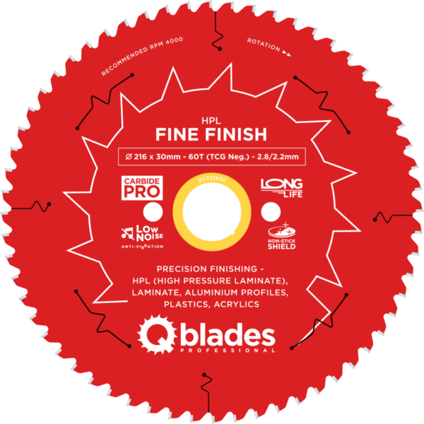 QBLADES-HM CirkelZaagblad 60T 216x30x2,8 TCG neg HPL/Laminate-Fine Finish