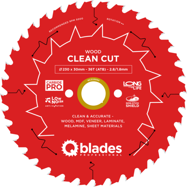 QBLADES-HM CirkelZaagblad 36T 230x30x2,8 ATB Wood-Clean Cut