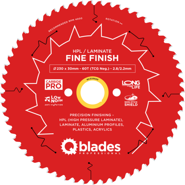 QBLADES-HM CirkelZaagblad 60T 230x30x2,8 TCG neg HPL/Laminate-Fine Finish