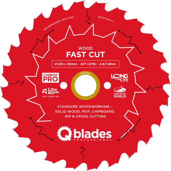 QBLADES-HM CirkelZaagblad 24T 235x30x2,8 ATB Wood-Fast Cut
