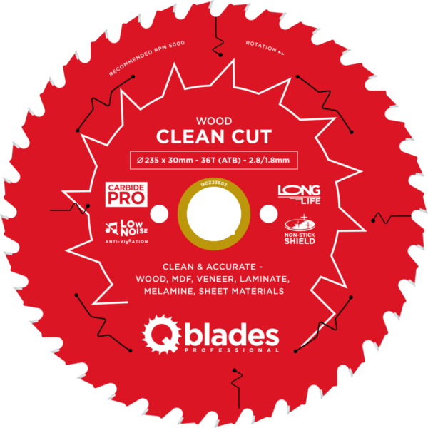 QBLADES-HM CirkelZaagblad 36T 235x30x2,8 ATB Wood-Clean Cut