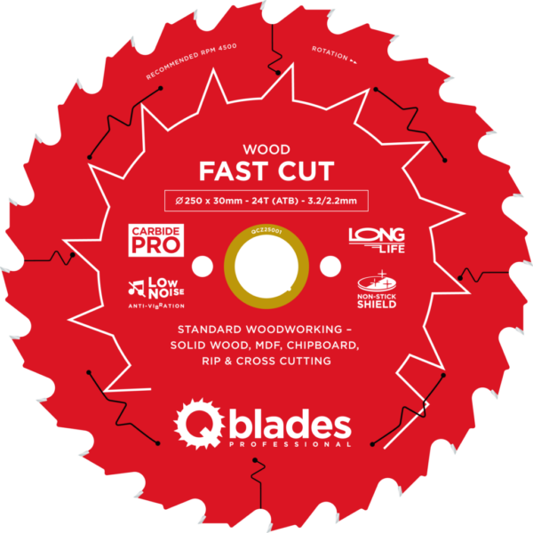 QBLADES-HM CirkelZaagblad 24T 250x30x3,2 ATB Wood-Fast Cut