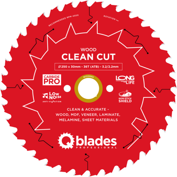 QBLADES-HM CirkelZaagblad 36T 250x30x3,2 ATB Wood-Clean Cut