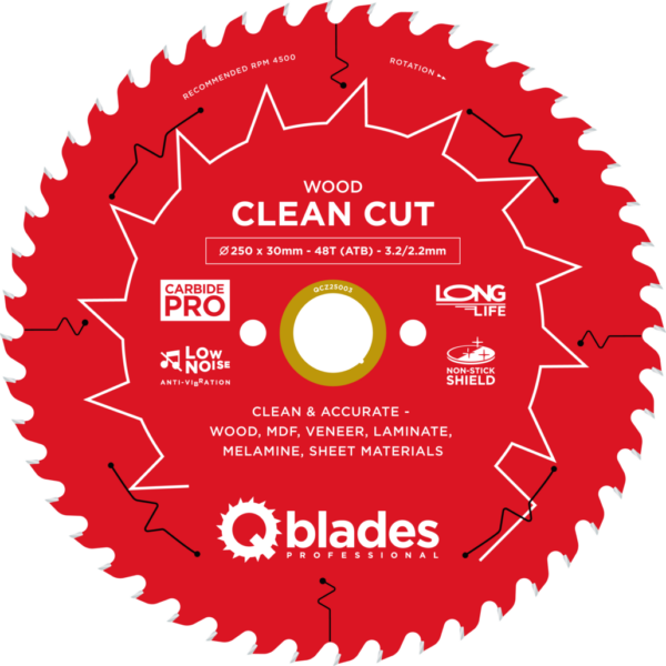 QBLADES-HM CirkelZaagblad 48T 250x30x3,2 ATB Wood-Clean Cut