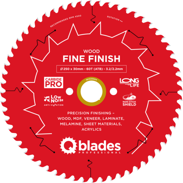 QBLADES-HM CirkelZaagblad 60T 250x30x3,2 ATB Wood-Fine Finish